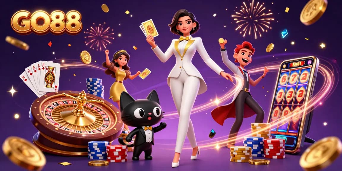 GO88 game enthusiasts enjoy exciting casino action with vibrant characters and dazzling elements.
