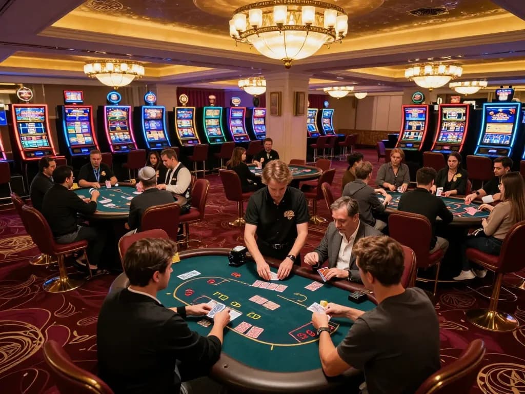 Dynamic casino action at nhà cái kuwin with players engaging in poker, vibrant atmosphere, and luxurious setting.