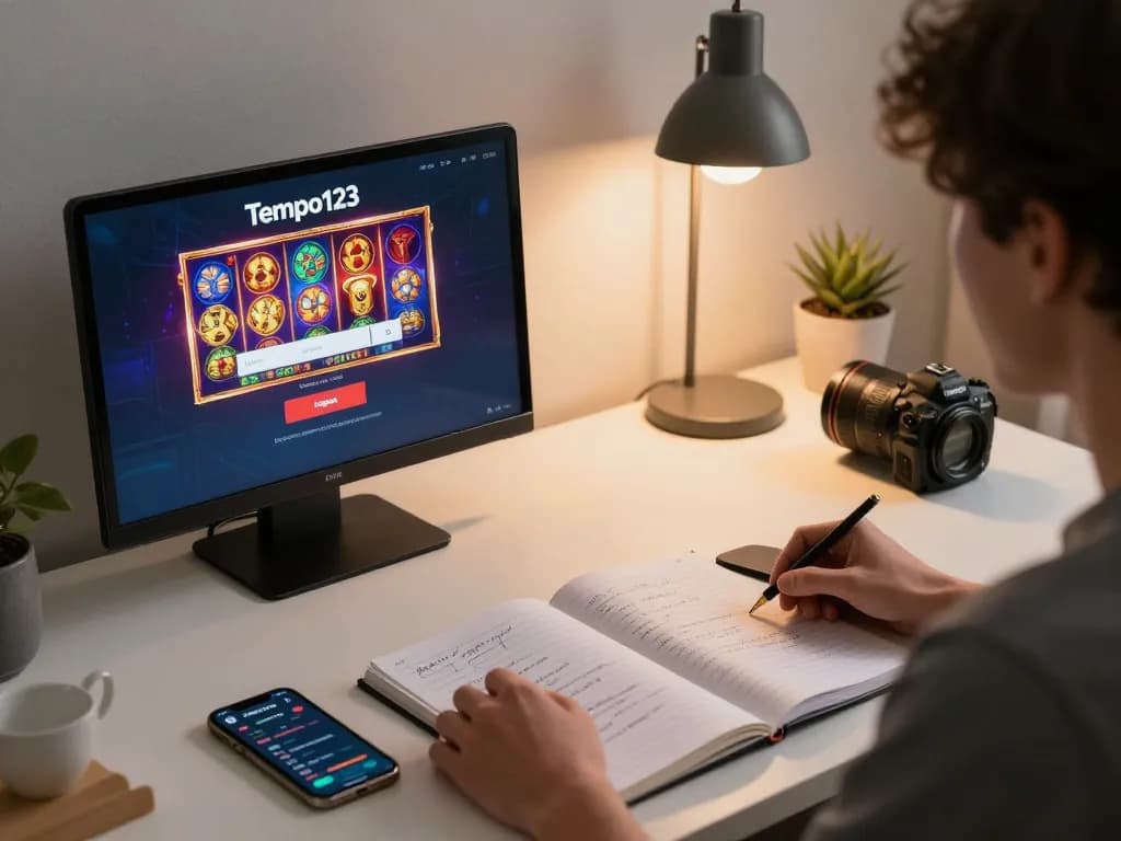 Suasana permainan online yang menarik dengan Login Tempo123 di tablet, menampilkan grafik slot yang cerah