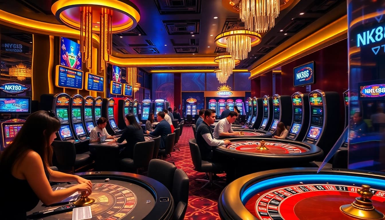 Players enjoying an exciting game at NK88 casino, showcasing vibrant slot machines and poker tables.