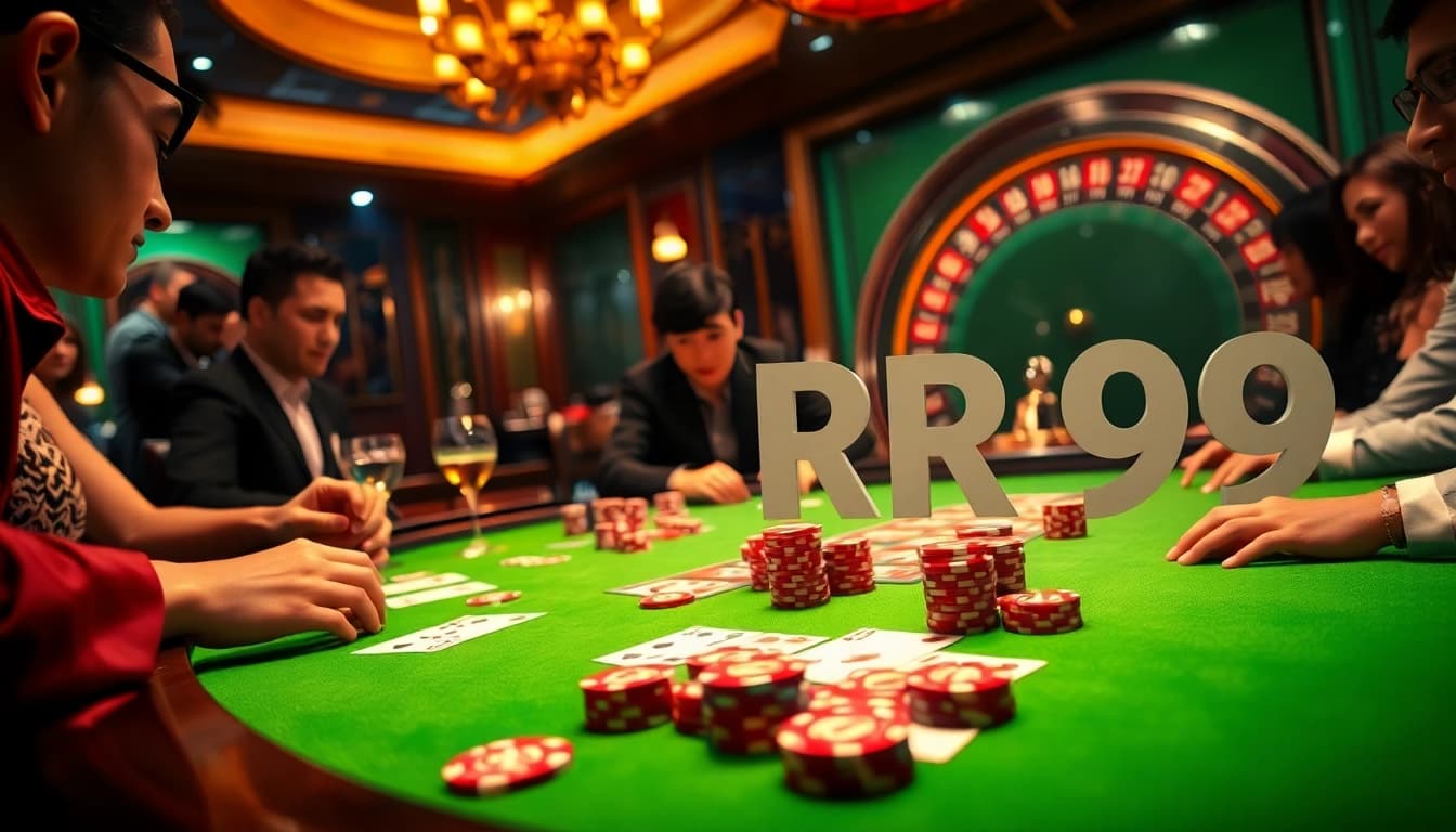 Players at a poker table experience excitement as RR99 enhances their thrilling casino journey with vibrant chips and cards.