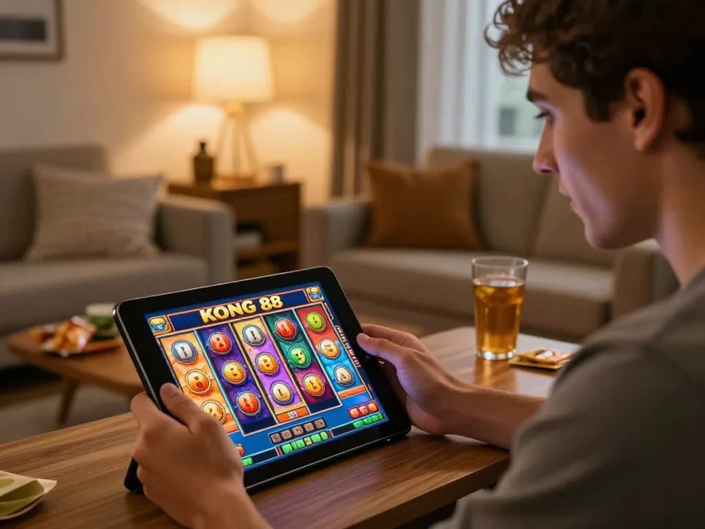 KONG 88 player celebrating jackpot win on tablet in cozy home setting.