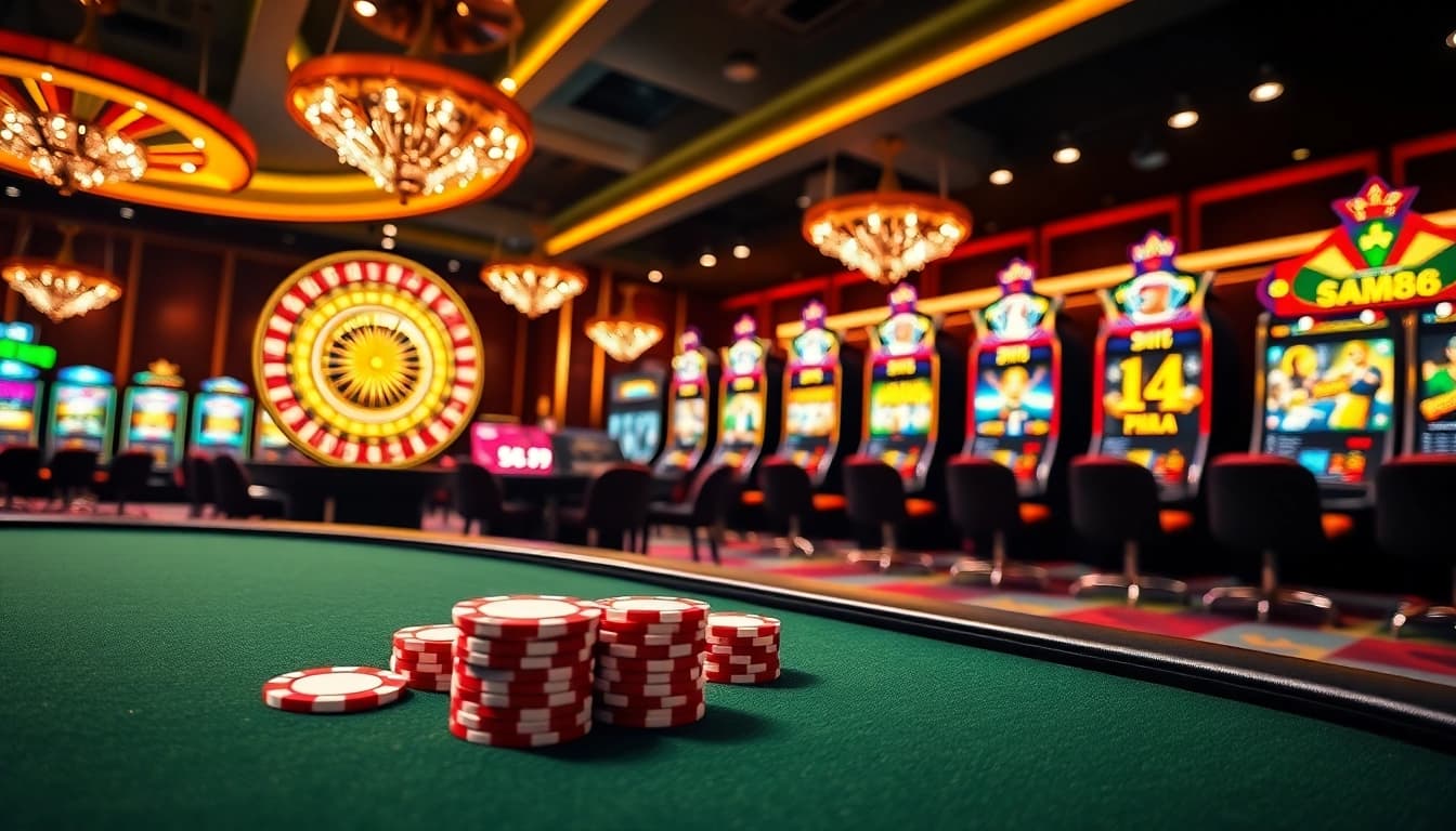 Experience luxury gaming at Sam86 with vibrant casino tables, slot machines, and joyful players.