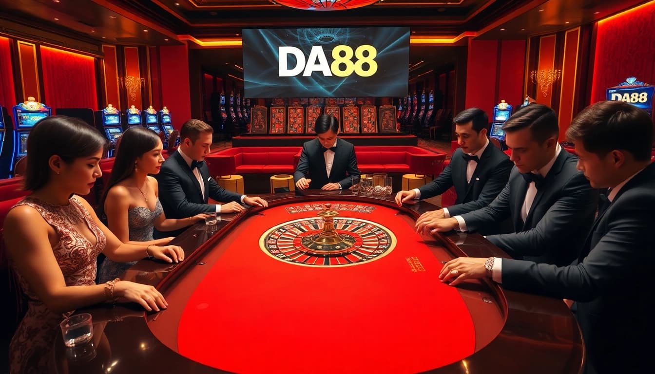 Experience thrilling gameplay at DA88's luxurious casino, featuring a roulette table surrounded by excited players.