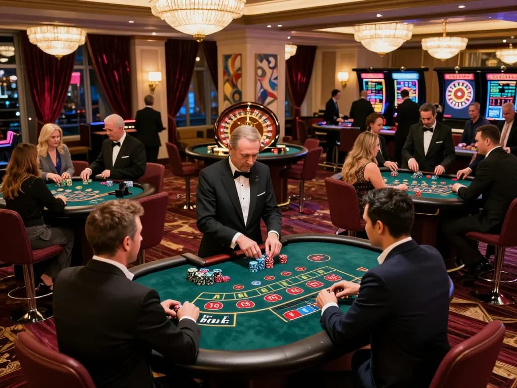 Dynamic blackjack game scene with players at mm88 casino tables, dealers engaging, vibrant atmosphere.