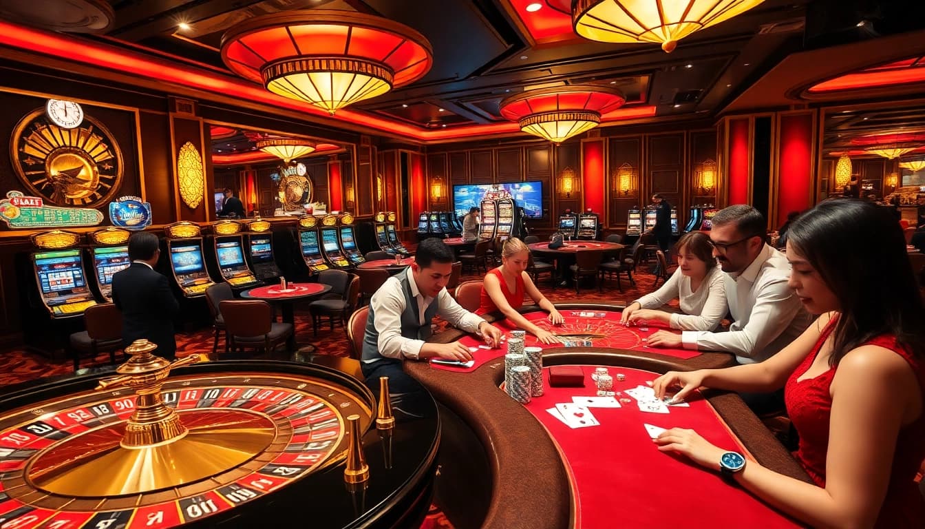 Xin88 gamers experiencing a vibrant casino ambiance at tables filled with excitement.