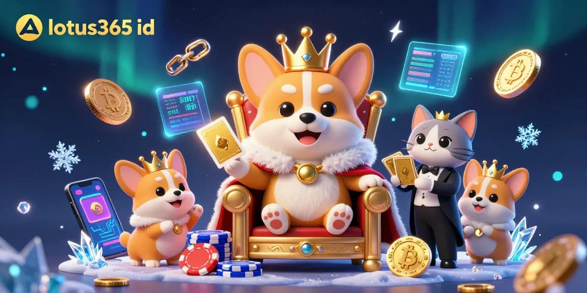 Engage with the exciting lotus365 id in a vibrant 3D casino scene featuring royal corgi and crypto elements.