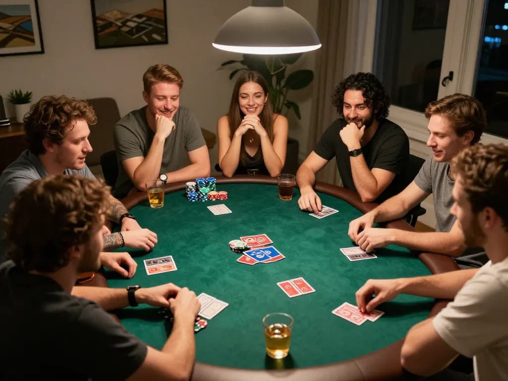 Friends enjoying a thrilling poker night at home, playing at AU88 with chips and cards.