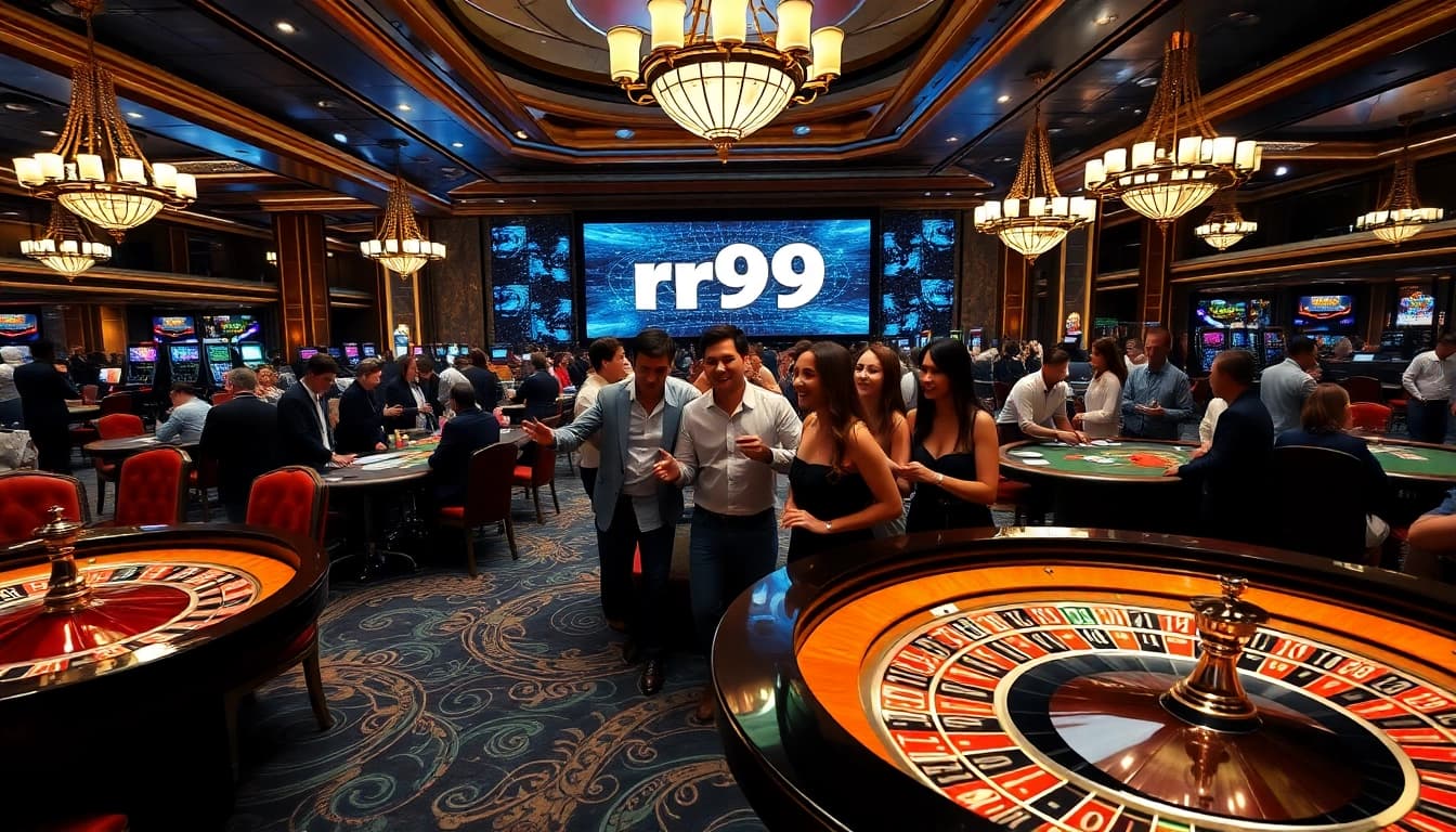Gamblers enjoying a lively casino atmosphere with rr99-themed displays and vibrant games.