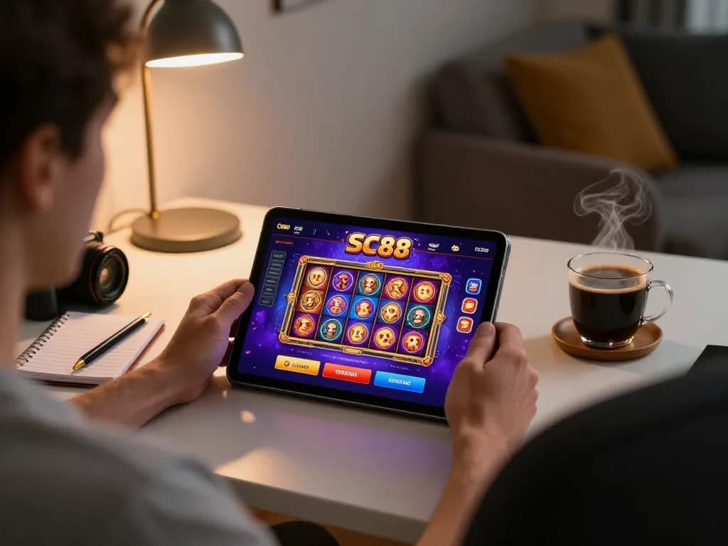 Excited player enjoying SC88's online slots on a tablet in a cozy home setup.