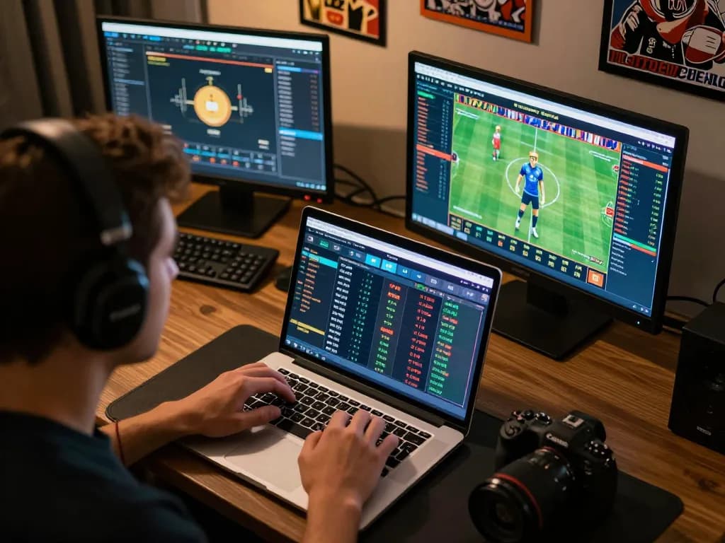 Player engaging with online sports betting at LV88, analyzing odds and live events.