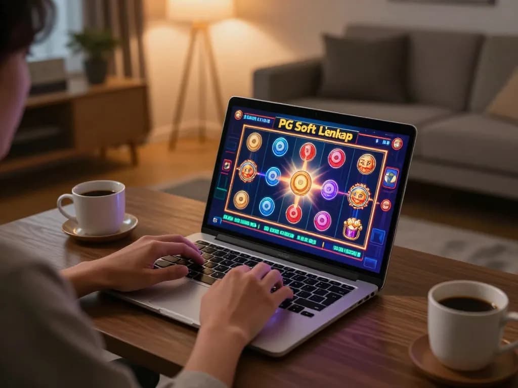 Gameplay menarik dari Slot Demo PG Soft Lengkap di laptop dalam suasana rumah yang nyaman, menampilkan grafis slot yang berwarna-warni