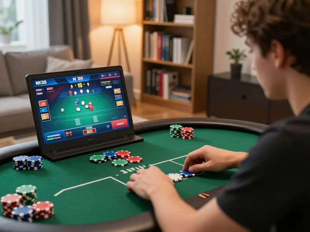 nk88 offers an engaging online poker experience, showcasing dynamic gameplay and strategic focus in a home setting.