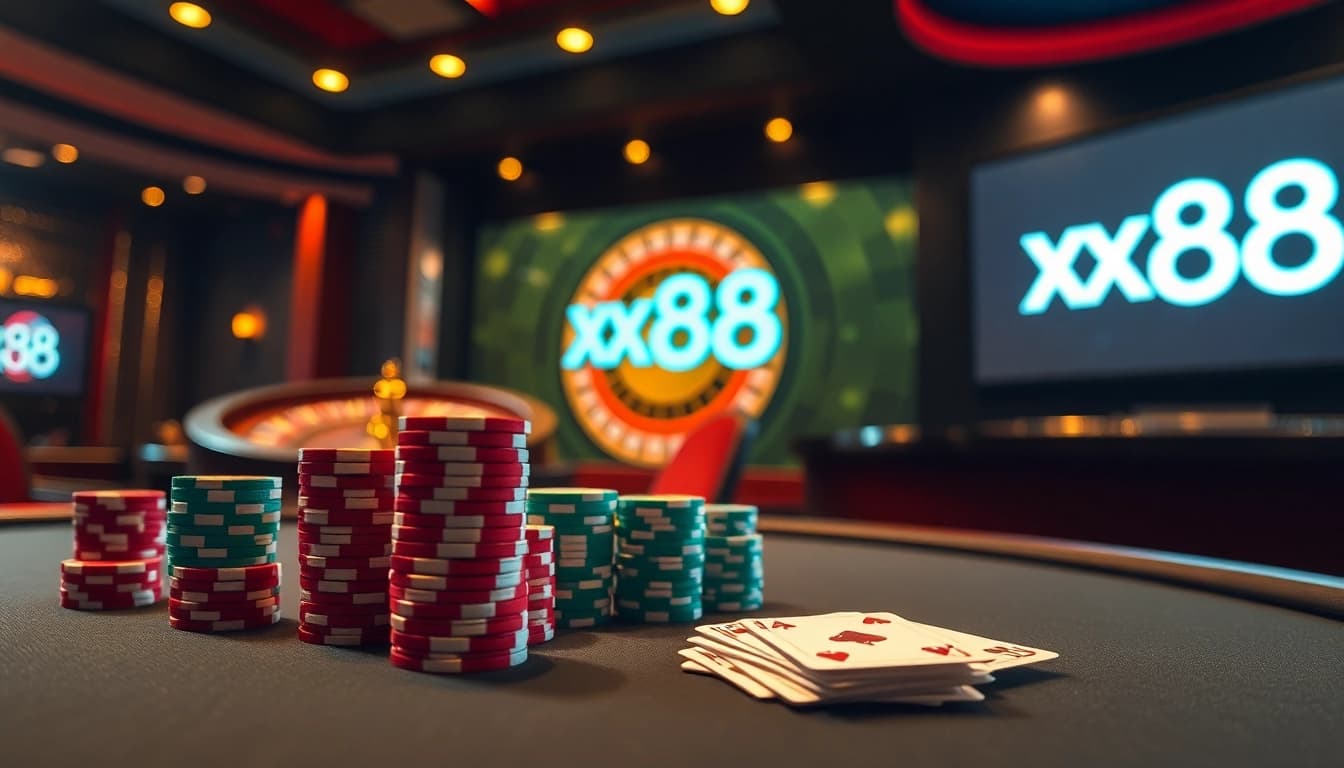 Experience the thrill of xx88 at a luxurious poker table surrounded by vibrant casino elements.