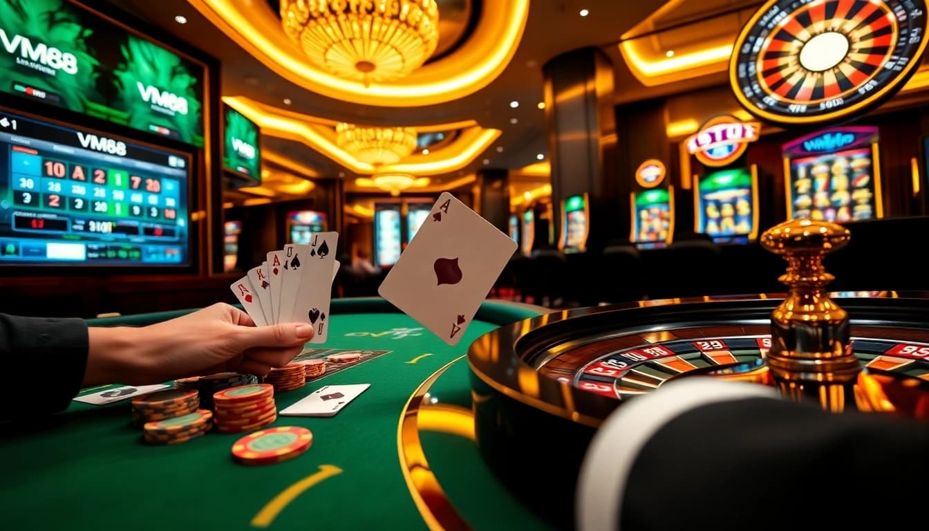 VM88 online casino table showcasing winning poker chips and cards in a professional gambling setup