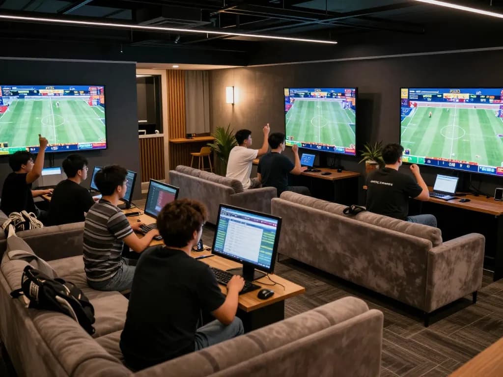 KÈO TRỰC TUYẾN enthusiasts engaging with live sports betting screens in a vibrant lounge.