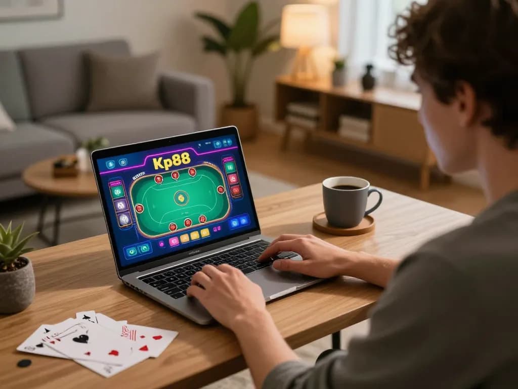 Engaging in kp88 game online from a cozy home workspace with poker interface displayed