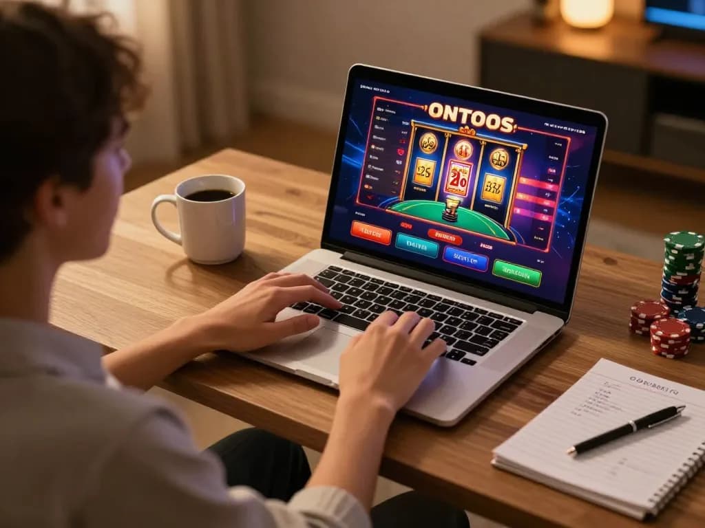 Player engages with KDTOTO online casino on a laptop, depicting strategic gameplay.