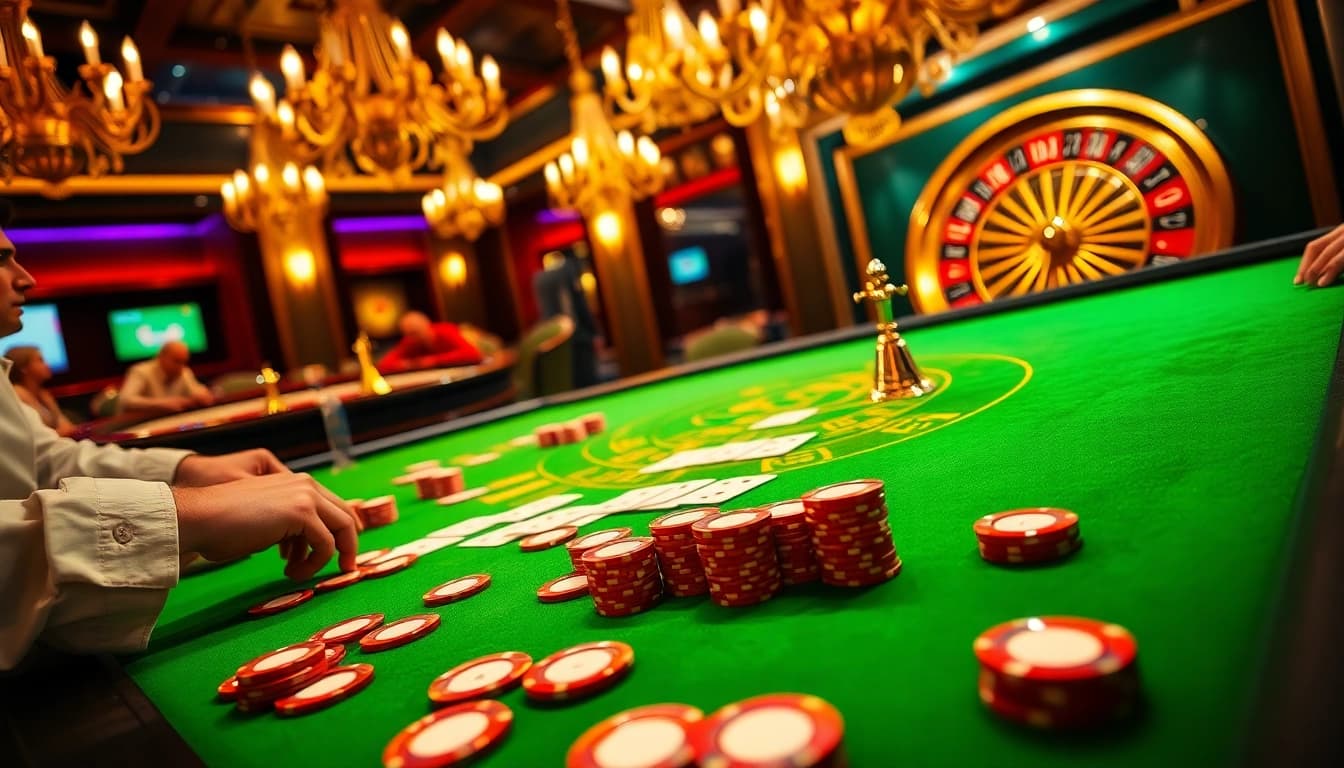 Experience thrilling poker action at 98win club with vibrant chips and cards on an elegant table.