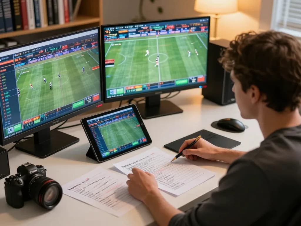 Engaged bettor analyzing keo bong da truc tuyen on multiple screens while planning sports bets.