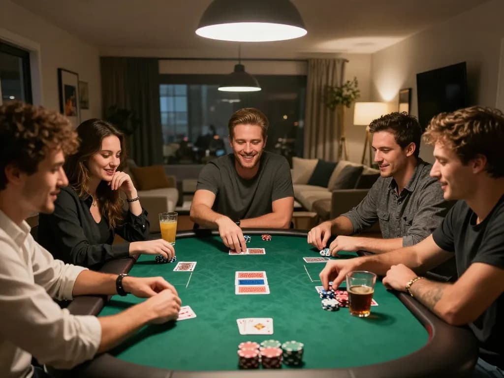 An engaging poker game scene with friends at home enjoying iwin club gaming night.