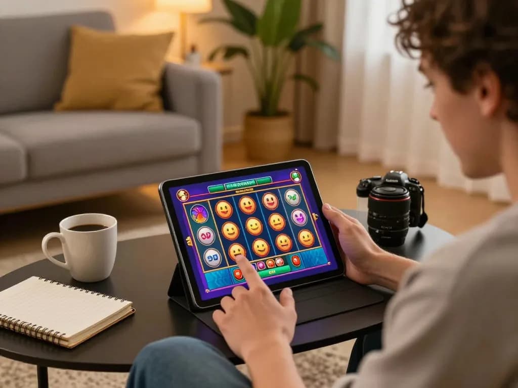 Engaging in an online slot game on a tablet in a cozy living room setting.