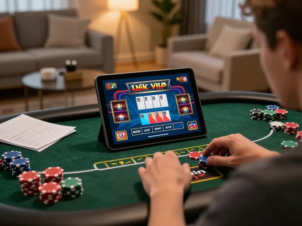 Engaging with the rik vip online poker game on tablet in a cozy home setting.