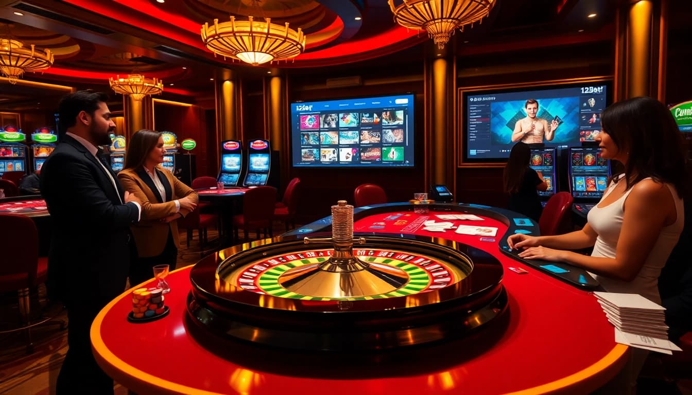 Players engaging in exciting casino games with 123bet interface in a luxurious setting.