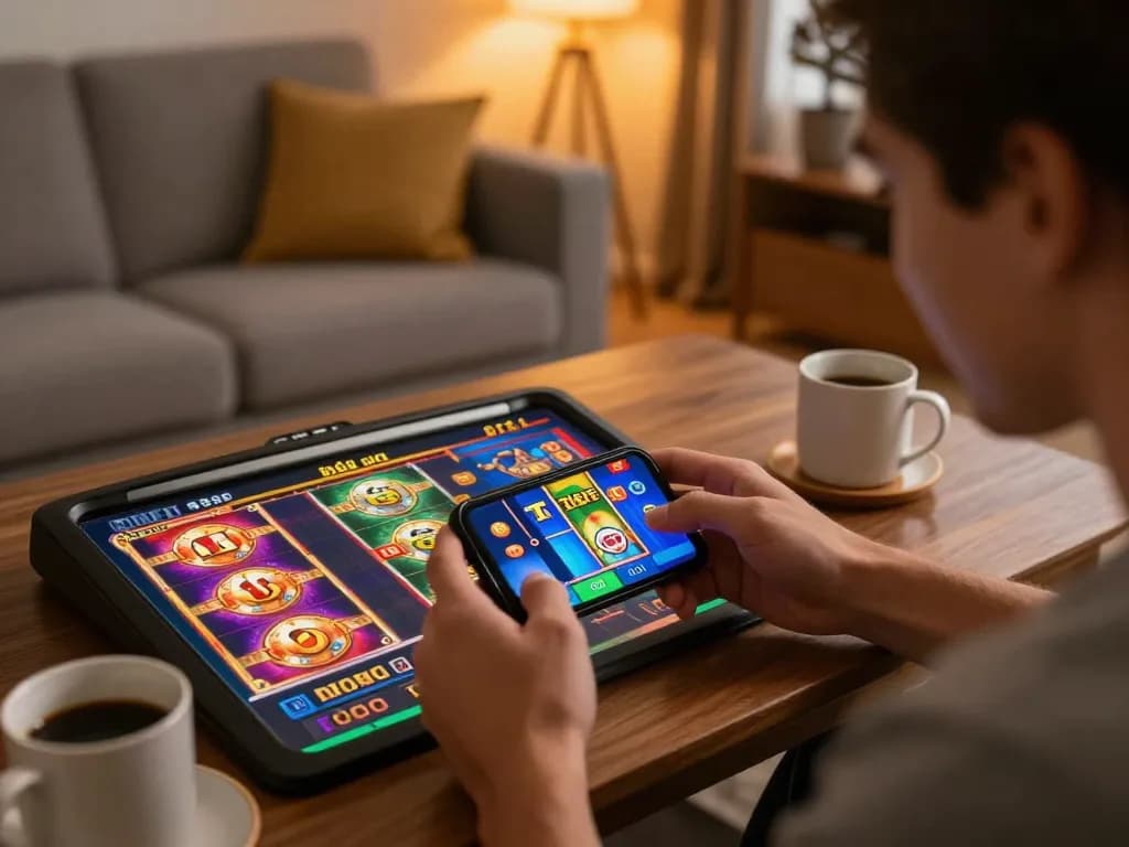 Playing 789f nhà cái mobile app showcasing exciting slot games in a cozy home environment.