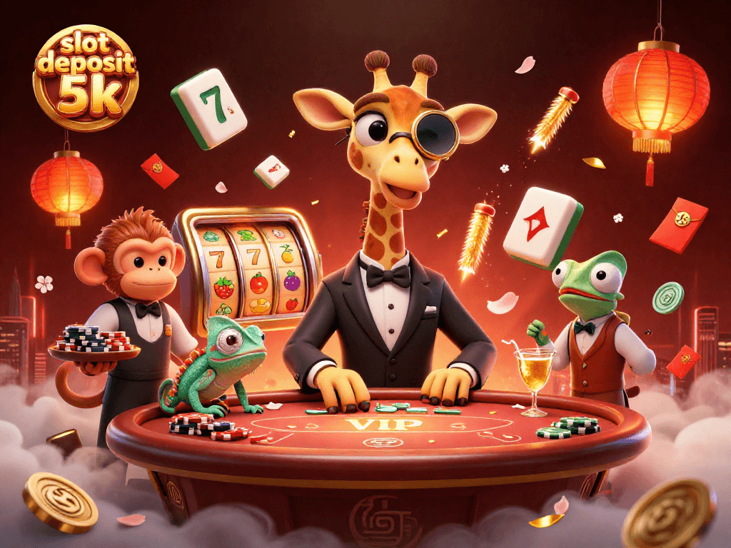 Experience thrilling slot deposit 5k gameplay with vibrant casino characters and festive elements in this dynamic illustration.