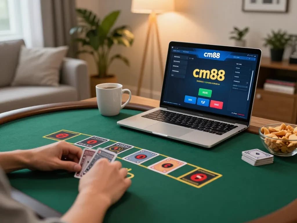 Fan engages in online blackjack at home via cm88, showcasing a cozy gaming atmosphere