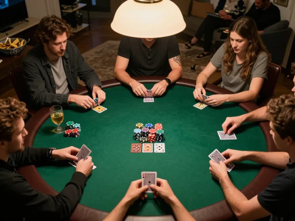 Players engaging in an exciting poker game at home, showcasing God55's atmosphere of strategic gambling.