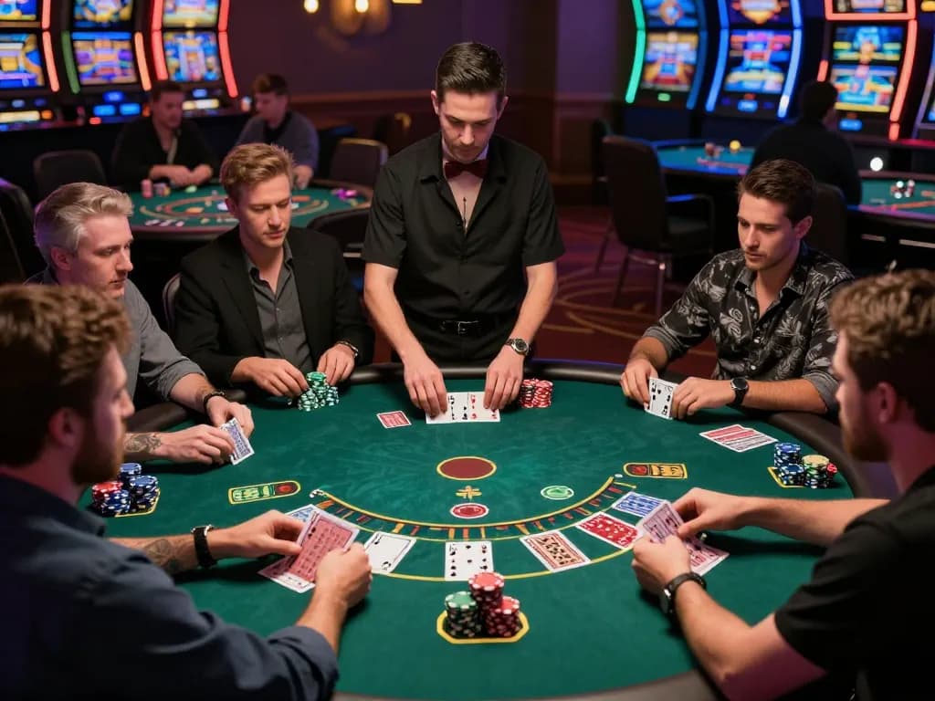 Players engage in a blackjack game at trang chủ 5679, testing their skills with focused strategy and lively casino atmosphere