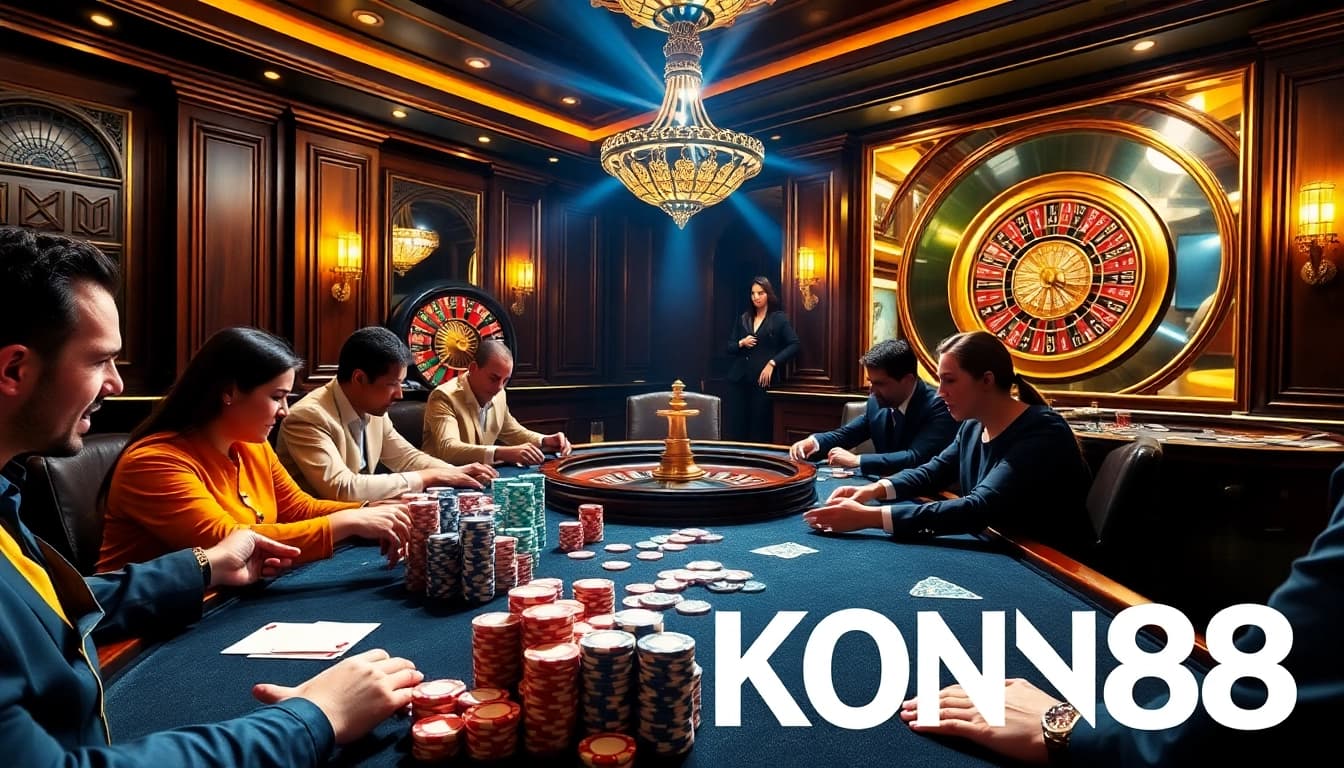 KONG88 poker players strategizing at a vibrant casino table with colorful chips and a roulette wheel.