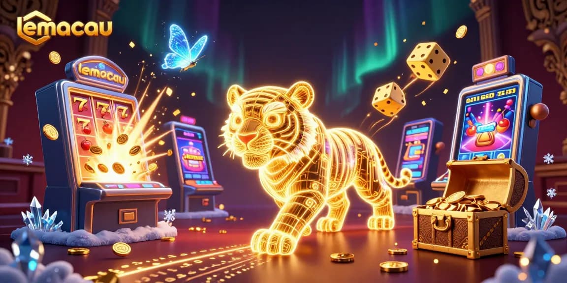 Lemacau's golden tiger animatedly exploring a vibrant digital casino atmosphere, showcasing exciting bonuses.