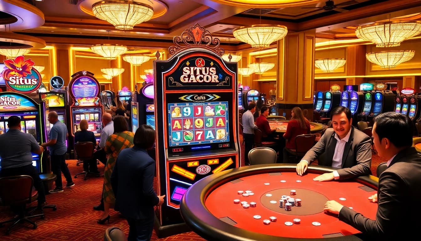 Experience high-stakes excitement at a Situs Gacor slot machine in a luxury casino environment.