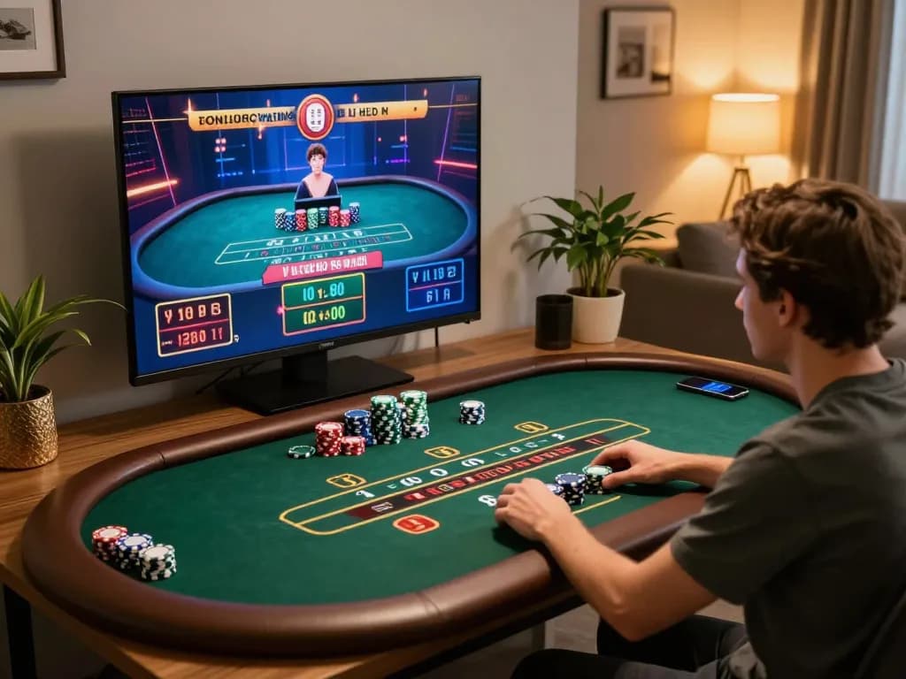 Engaging online gaming scene at https://sc88.casino/ featuring live dealer blackjack on a laptop with chips nearby
