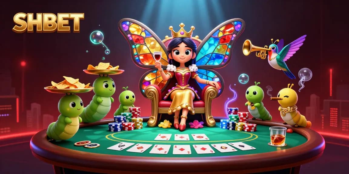 Engage with SHBET's thrilling casino experience featuring a butterfly queen and poker chips.