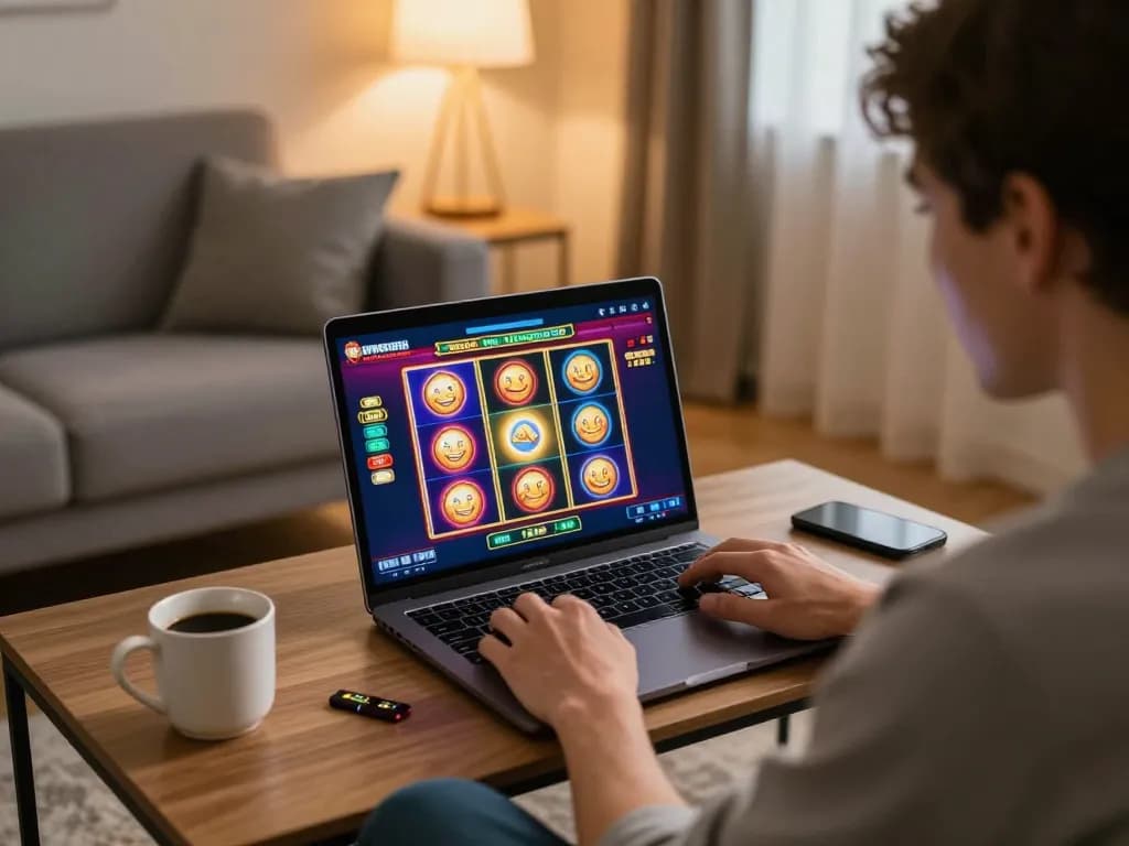Player engaging with 32win online casino on a laptop in a cozy home setting