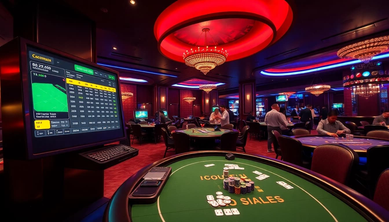 Engaging scene of Judi Bola Piala Dunia betting at a luxury casino with vibrant screens and poker tables.