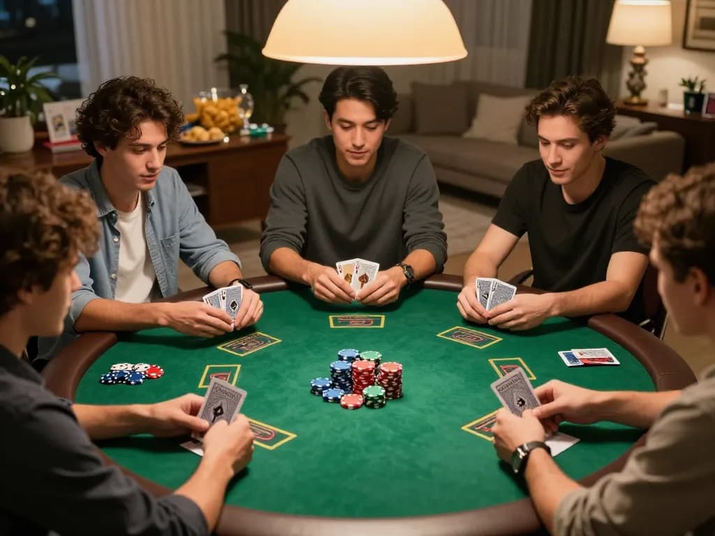 KJC poker night with friends playing Texas Hold'em, vibrant green felt table, chips stacked high, and warm atmosphere.