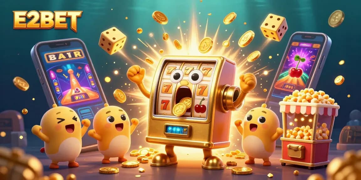 E2BET celebrates the jackpot as coins pour from a lively slot machine in a vibrant casino illustration.