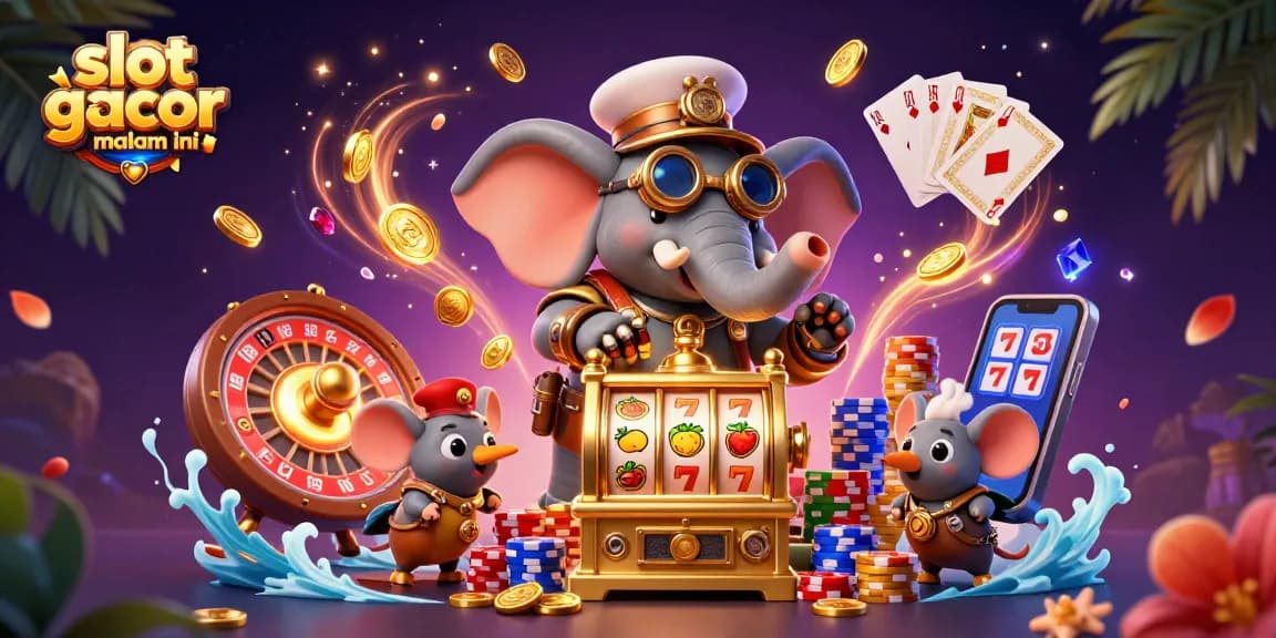 Experience slot gacor malam ini with a steampunk elephant engineer spinning a golden slot machine in 3D
