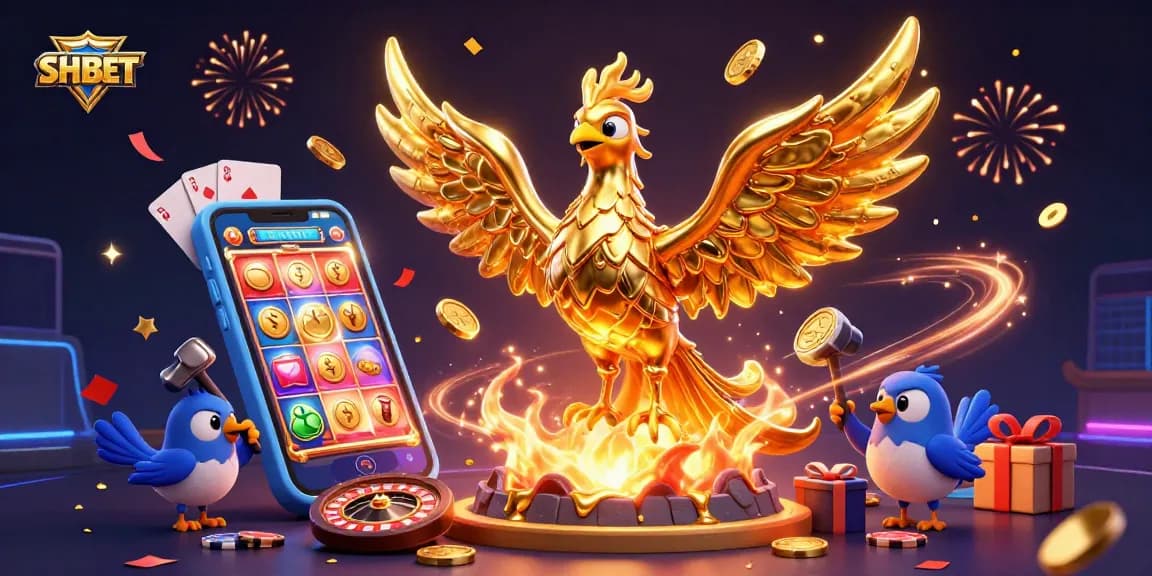 Experience thrilling gameplay with SH BET's golden phoenix and dynamic casino elements in an exciting scene.