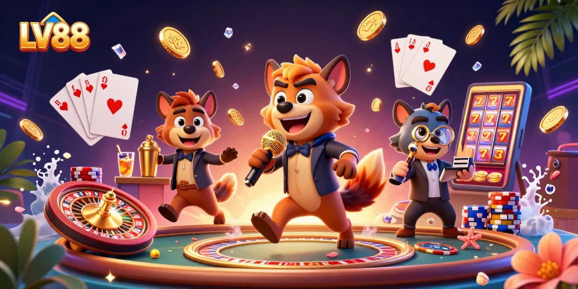 Engage in thrilling live casino action with LV88's vibrant 3D cartoon hyena club scene.