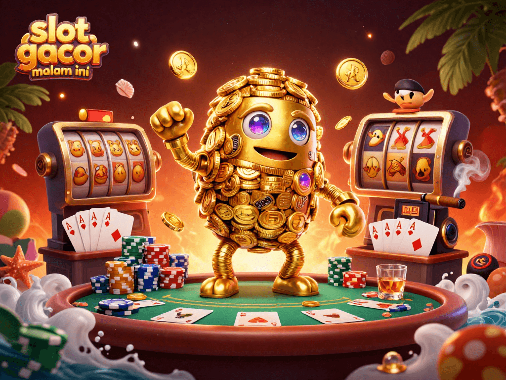 Bermain slot gacor malam ini dengan golem emas dan chip poker di latar yang cerah.