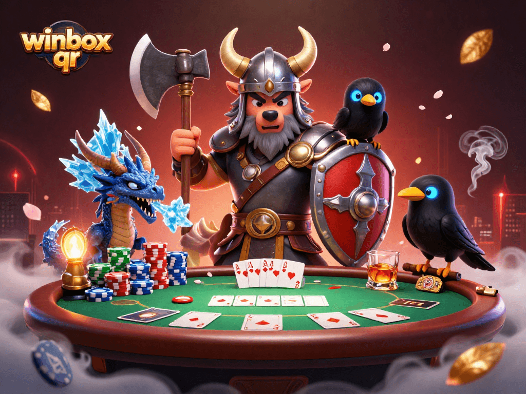 Play with the exciting winbox qr game, featuring Viking wolf warrior and dragon at a poker table.