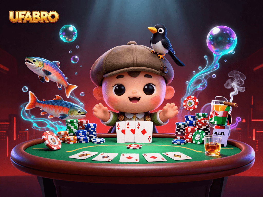 Bet on vibrant games at UFABRO featuring cartoon Nessie and colorful casino elements.