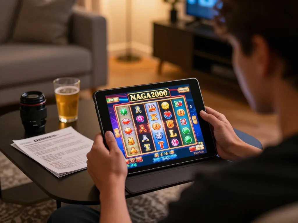 NAGA2000 player enjoying online slot game in cozy home setting with strategy notes