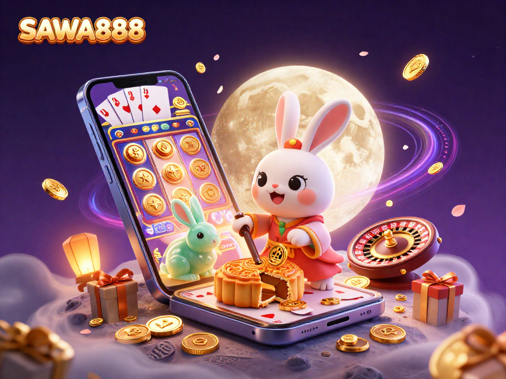 Experience thrilling gameplay at SAWA888 with vibrant mooncake magic, poker chips, and exciting slot elements.